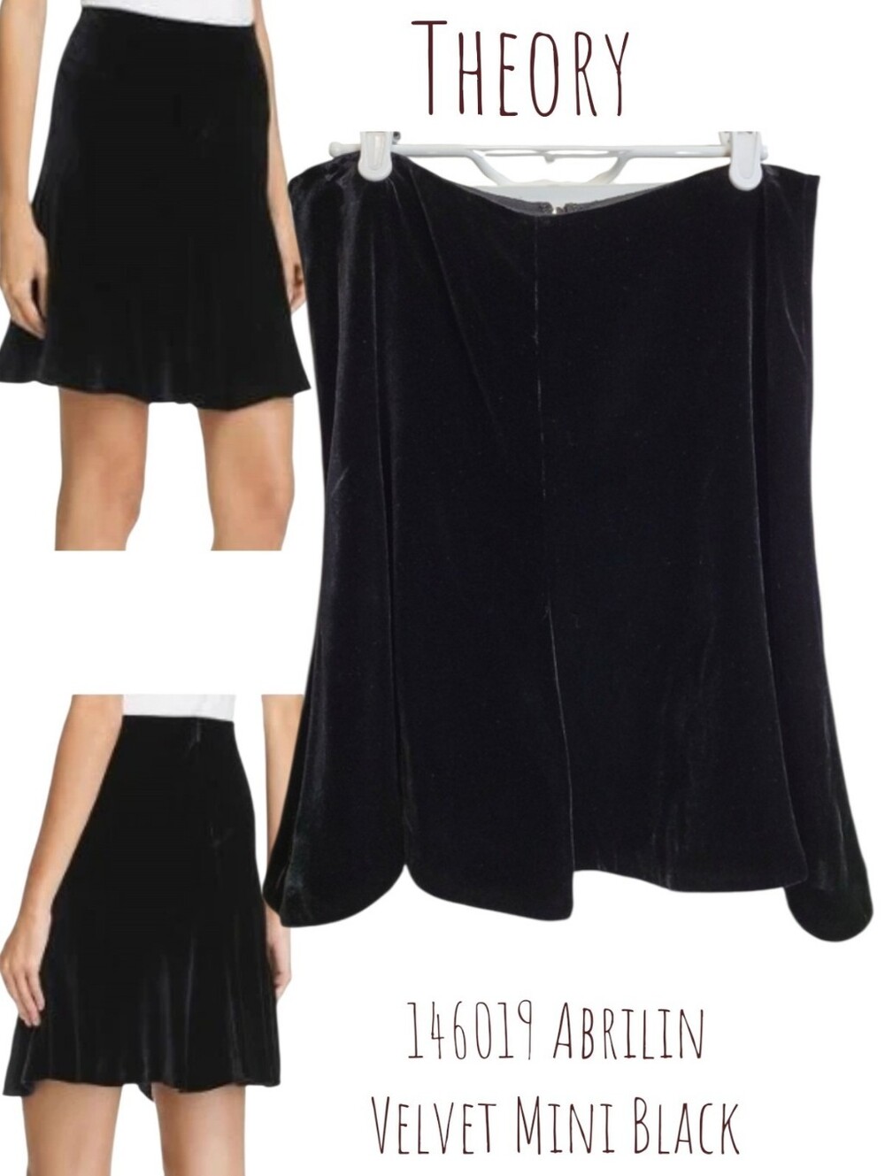 Theory Women's Abrilin Velvet Mini A-Line Skirt # 146019 Black A - Line